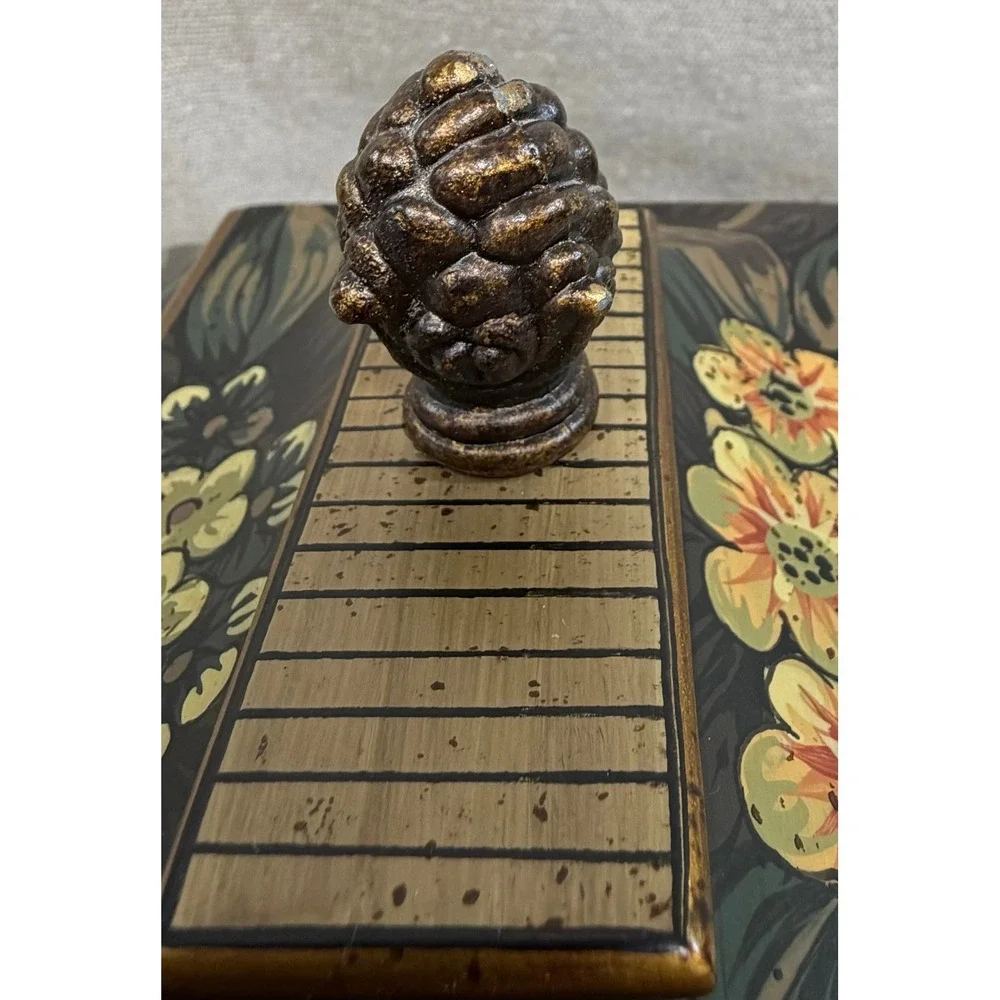 Vintage Floral Hand Painted Decorative Jewelry Box Lion Paw Feet Pinecone Finial